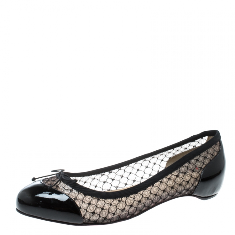 Pre Owned Christian Louboutin Black Leather and Mesh Miss Mix Bow Ballet Flats Size 38
