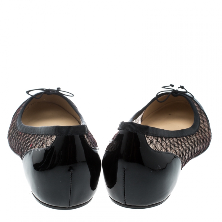 Pre Owned Christian Louboutin Black Leather and Mesh Miss Mix Bow Ballet Flats Size 38