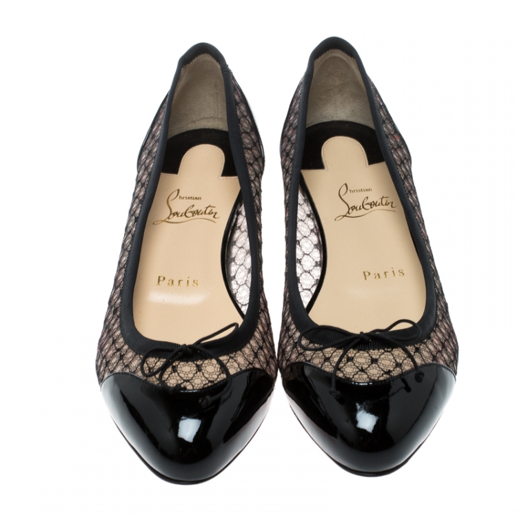 Pre Owned Christian Louboutin Black Leather and Mesh Miss Mix Bow Ballet Flats Size 38