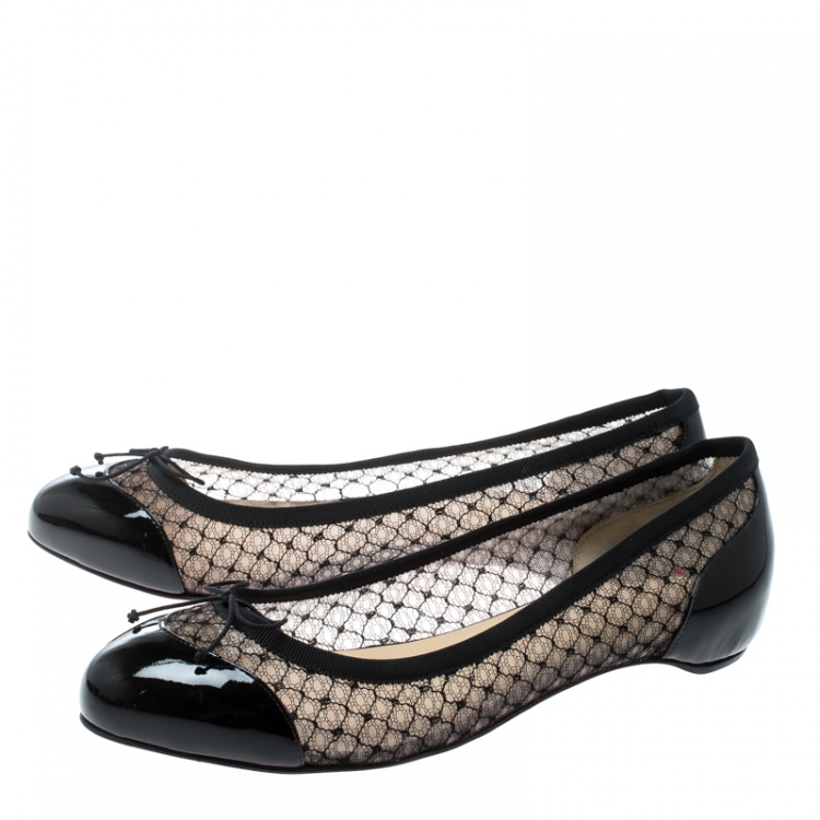 Pre Owned Christian Louboutin Black Leather and Mesh Miss Mix Bow Ballet Flats Size 38