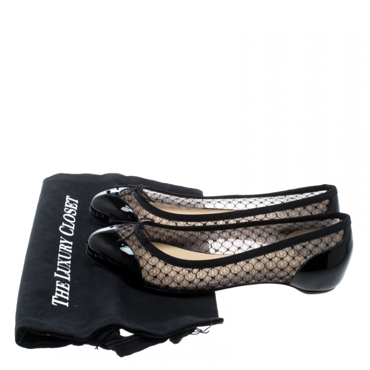 Pre Owned Christian Louboutin Black Leather and Mesh Miss Mix Bow Ballet Flats Size 38