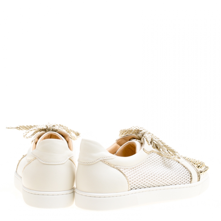 Pre Owned Christian Louboutin White Mesh fabric and Leather AC Viera Spiked Orlato Low Top Sneakers 38