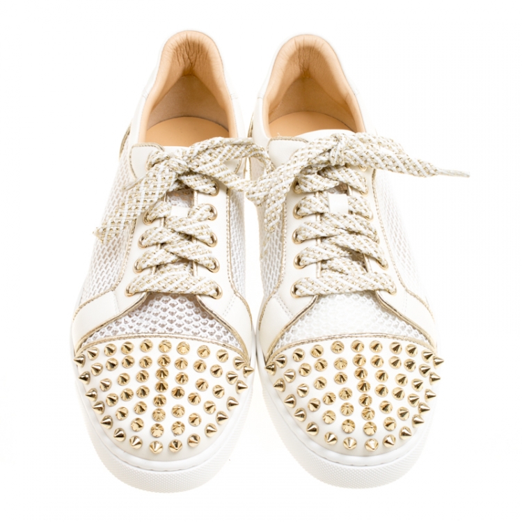 Pre Owned Christian Louboutin White Mesh fabric and Leather AC Viera Spiked Orlato Low Top Sneakers 38