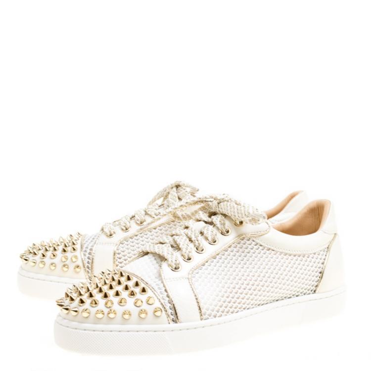 Pre Owned Christian Louboutin White Mesh fabric and Leather AC Viera Spiked Orlato Low Top Sneakers 38