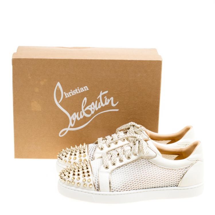 Pre Owned Christian Louboutin White Mesh fabric and Leather AC Viera Spiked Orlato Low Top Sneakers 38