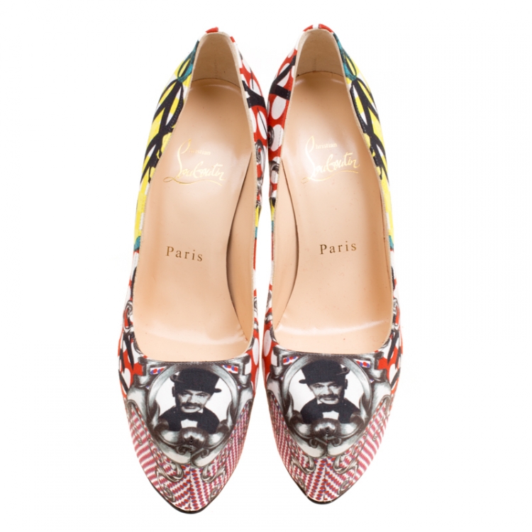 Pre Owned Christian Louboutin Multicolor Printed Fabric Daffodile Platform Pumps Size 36.5