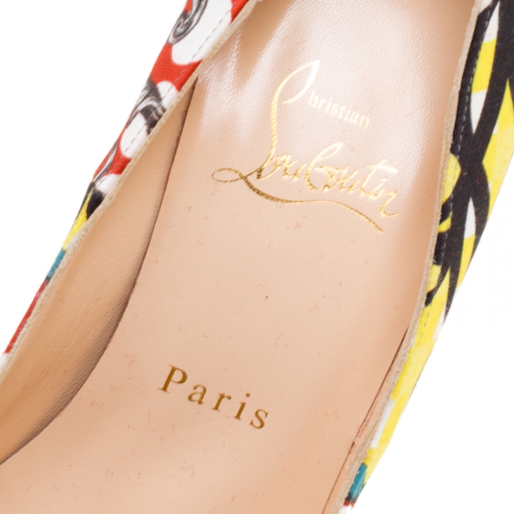 Pre Owned Christian Louboutin Multicolor Printed Fabric Daffodile Platform Pumps Size 36.5