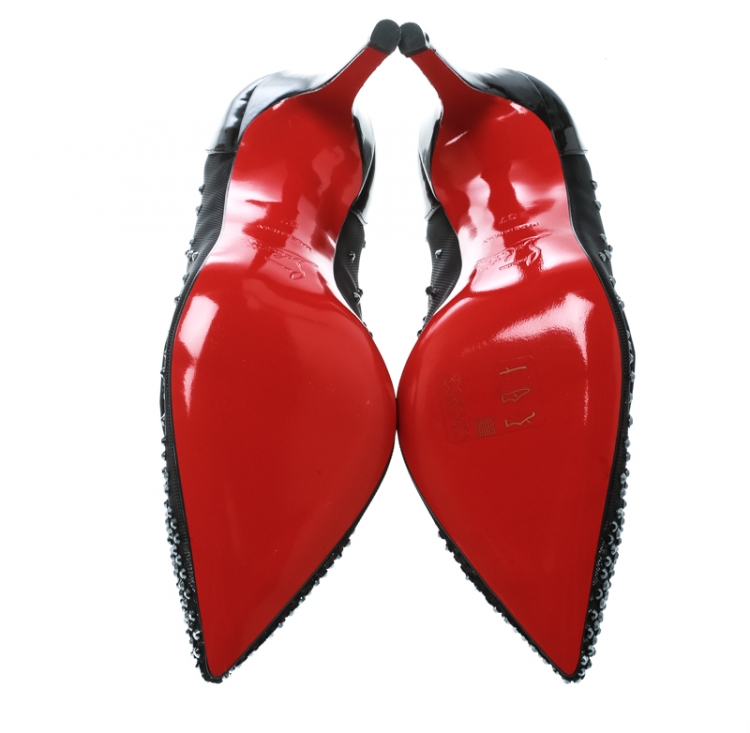 مملوكة مسبقًا Christian Louboutin Black Crystal Embellished Mesh Follies Strass Pointed Toe Pumps Size 37