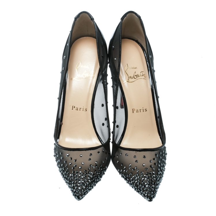 مملوكة مسبقًا Christian Louboutin Black Crystal Embellished Mesh Follies Strass Pointed Toe Pumps Size 37