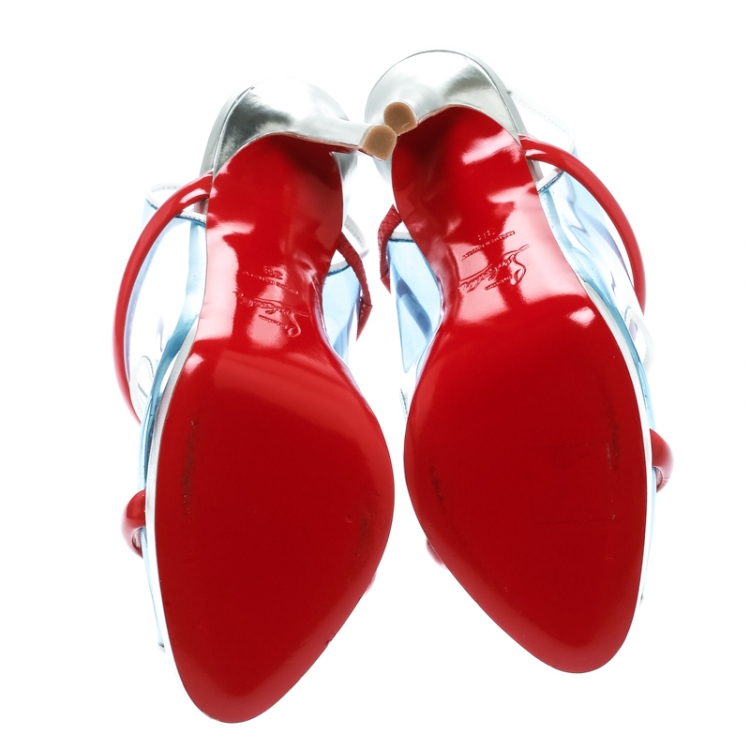 Pre Owned Christian Louboutin Multicolor Leather and PVC Aqua Ronda Slingback Sandals Size 38