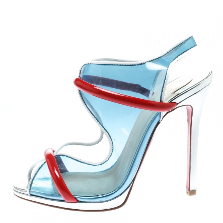 Pre Owned Christian Louboutin Multicolor Leather and PVC Aqua Ronda Slingback Sandals Size 38