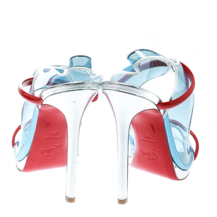 Pre Owned Christian Louboutin Multicolor Leather and PVC Aqua Ronda Slingback Sandals Size 38