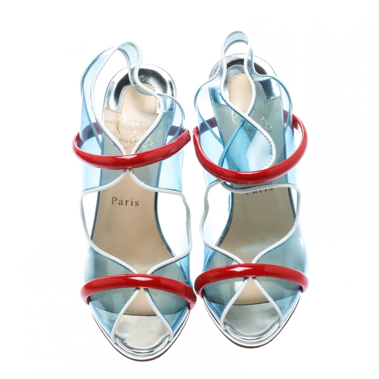 Pre Owned Christian Louboutin Multicolor Leather and PVC Aqua Ronda Slingback Sandals Size 38