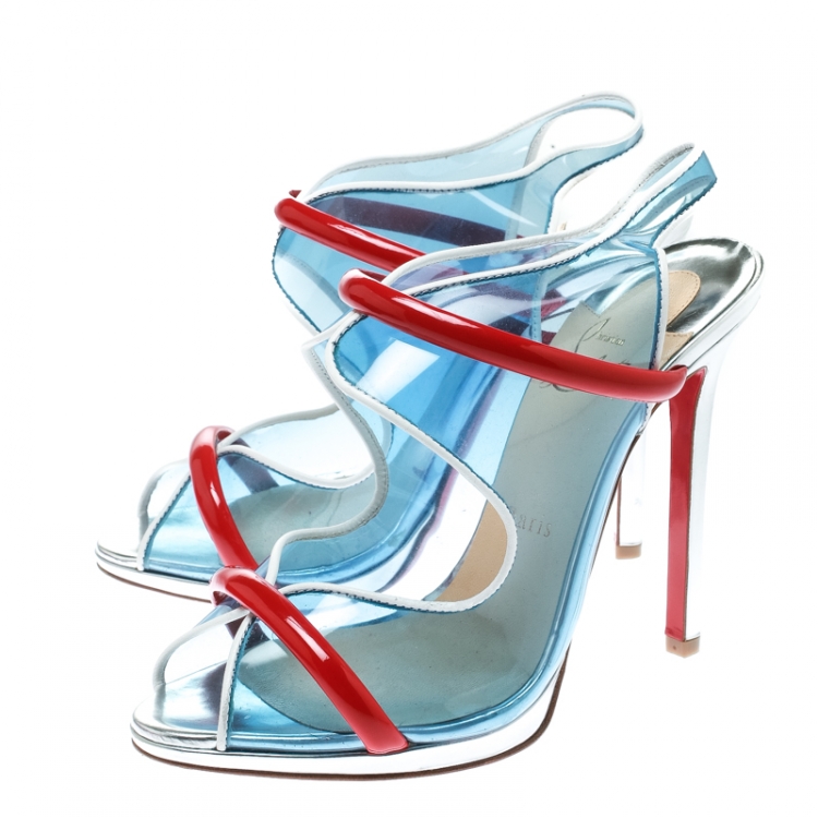 Pre Owned Christian Louboutin Multicolor Leather and PVC Aqua Ronda Slingback Sandals Size 38