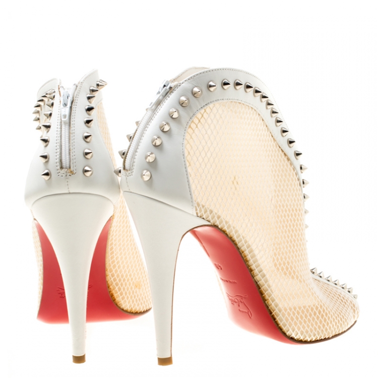 Pre Owned Christian Louboutin White Mesh And Leather Bourriche Spike Studded Booties Size 40