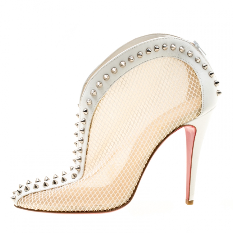 Pre Owned Christian Louboutin White Mesh And Leather Bourriche Spike Studded Booties Size 40