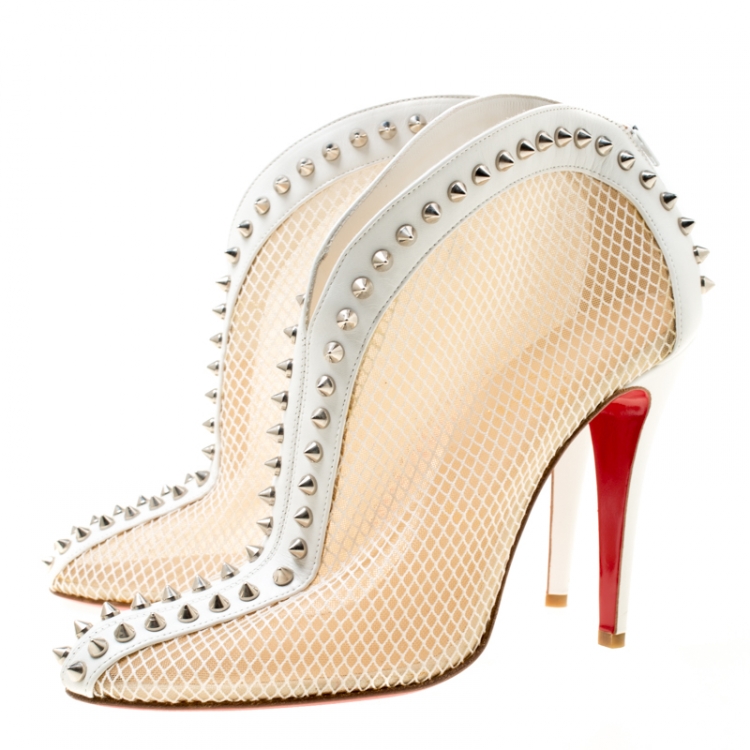 Pre Owned Christian Louboutin White Mesh And Leather Bourriche Spike Studded Booties Size 40