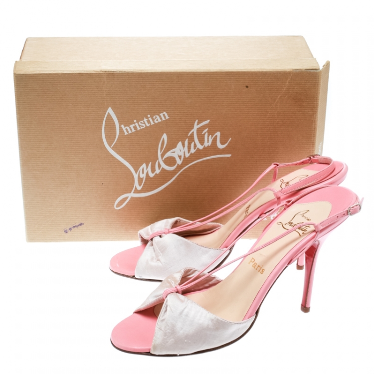 Pre Owned Christian Louboutin Pink Silk And Leather Peep Toe Slingback Sandals Size 40