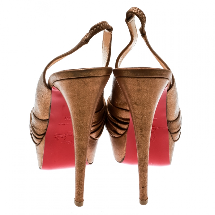 Pre Owned Christian Louboutin Metallic Gold Leather Jenny Knotted Slingback Platform Sandals Size 36.5