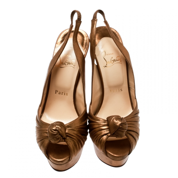 Pre Owned Christian Louboutin Metallic Gold Leather Jenny Knotted Slingback Platform Sandals Size 36.5
