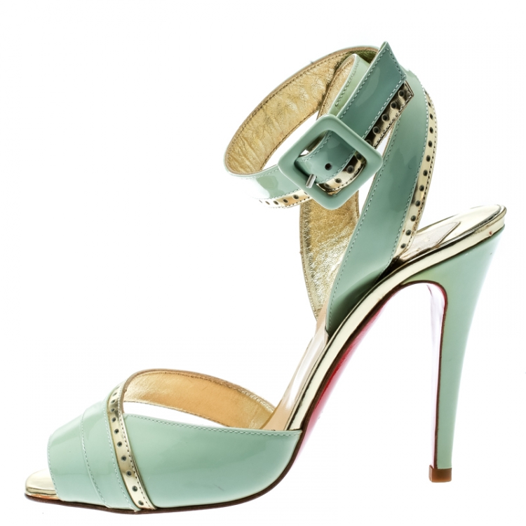 Pre Owned Christian Louboutin Mint Green Patent Leather Escatin Cross Ankle Strap Sandals Size 37