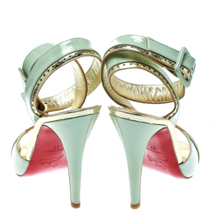 Pre Owned Christian Louboutin Mint Green Patent Leather Escatin Cross Ankle Strap Sandals Size 37