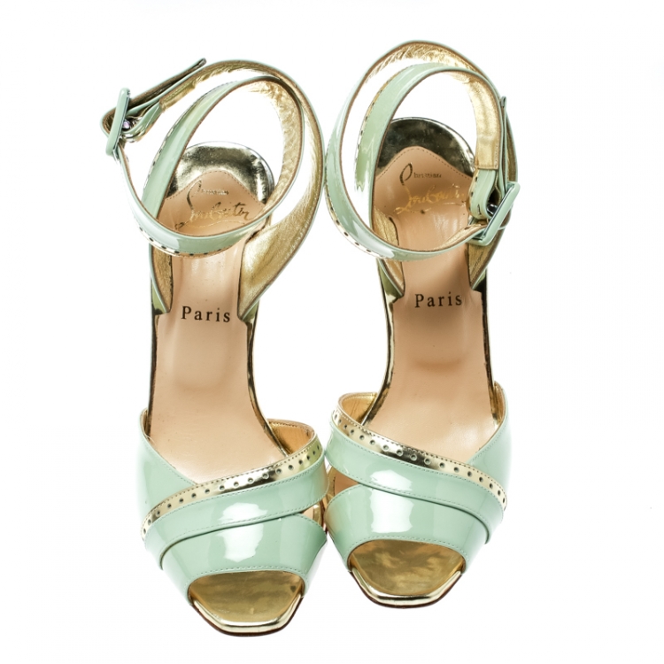 Pre Owned Christian Louboutin Mint Green Patent Leather Escatin Cross Ankle Strap Sandals Size 37