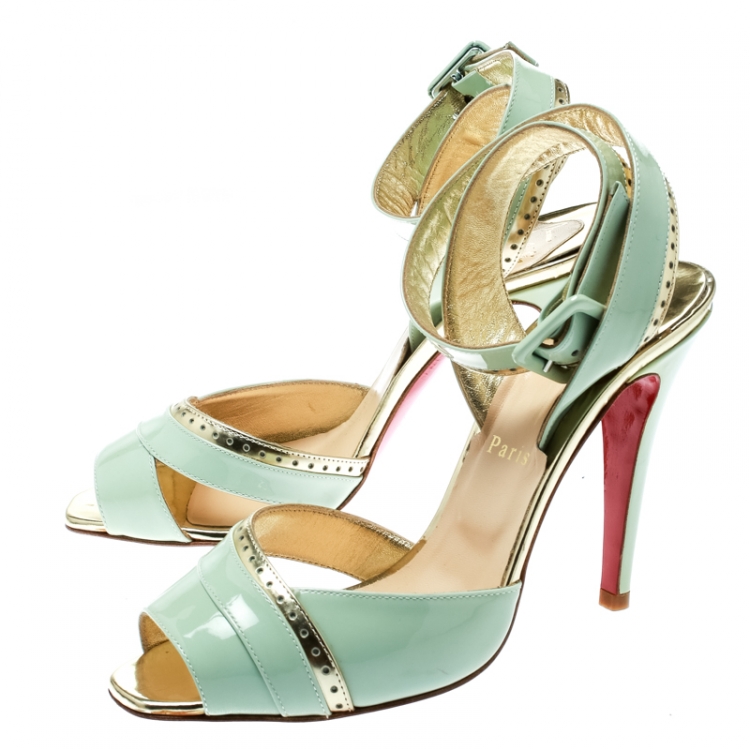 Pre Owned Christian Louboutin Mint Green Patent Leather Escatin Cross Ankle Strap Sandals Size 37