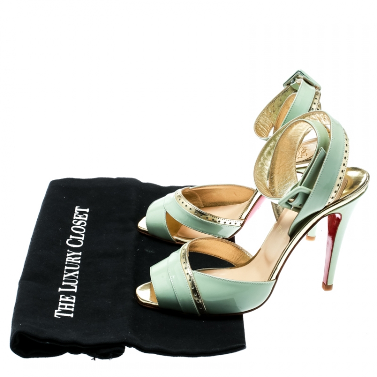Pre Owned Christian Louboutin Mint Green Patent Leather Escatin Cross Ankle Strap Sandals Size 37