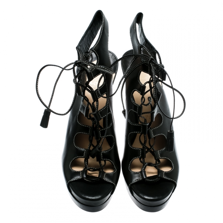 Pre Owned Christian Louboutin Black Leather Lace Up Slingback Sandals Size 39
