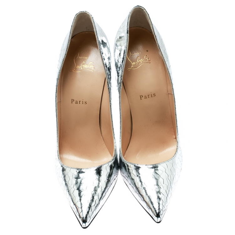 Pre Owned Christian Louboutin Metallic Silver Textured Leather So Kate Specchio Martele Pointed Toe Pumps Size 40