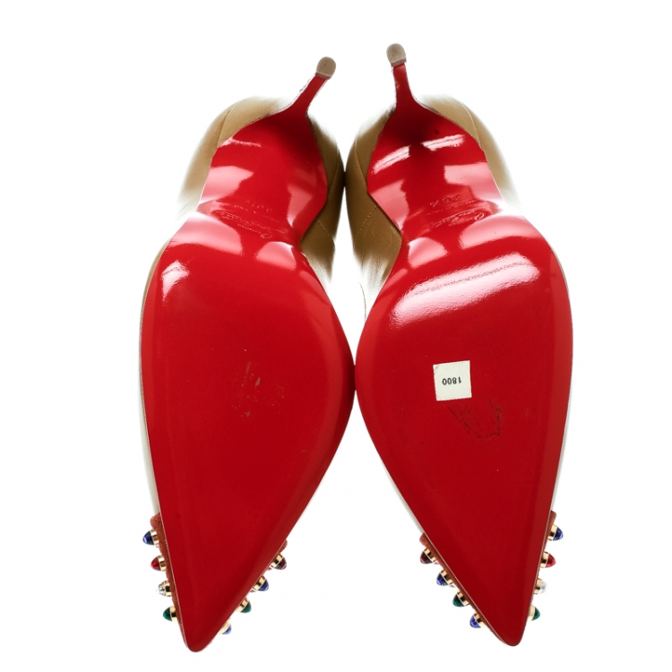 Pre Owned Christian Louboutin Brown Leather And Embellished Suede Cap Toe Cabo Pointed Toe Pumps Size 36.5