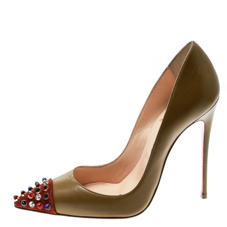Pre Owned Christian Louboutin Brown Leather And Embellished Suede Cap Toe Cabo Pointed Toe Pumps Size 36.5