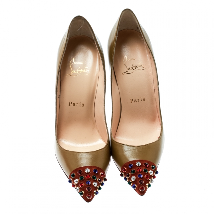 Pre Owned Christian Louboutin Brown Leather And Embellished Suede Cap Toe Cabo Pointed Toe Pumps Size 36.5