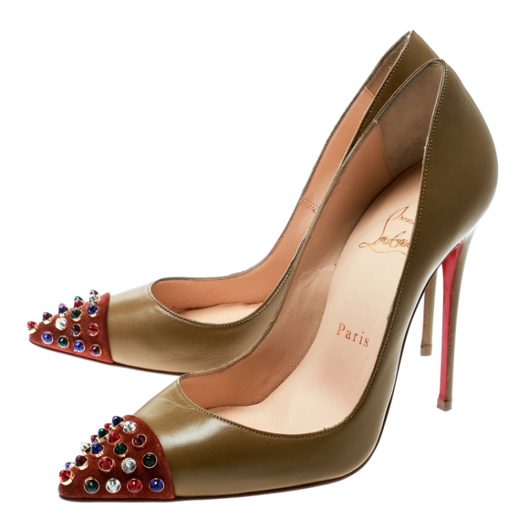 Pre Owned Christian Louboutin Brown Leather And Embellished Suede Cap Toe Cabo Pointed Toe Pumps Size 36.5