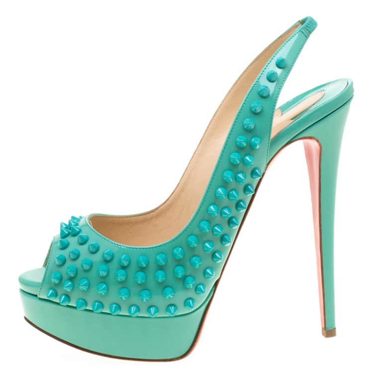 Pre Owned Christian Louboutin Turquoise Patent Leather Lady Peep Toe Spike Platform Slingback Sandals Size 39