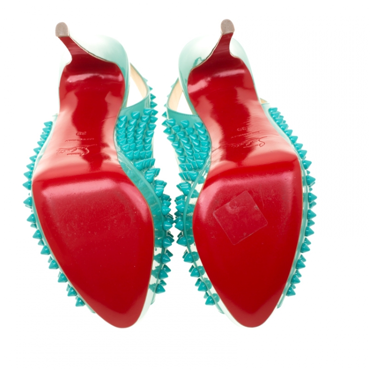 Pre Owned Christian Louboutin Turquoise Patent Leather Lady Peep Toe Spike Platform Slingback Sandals Size 39