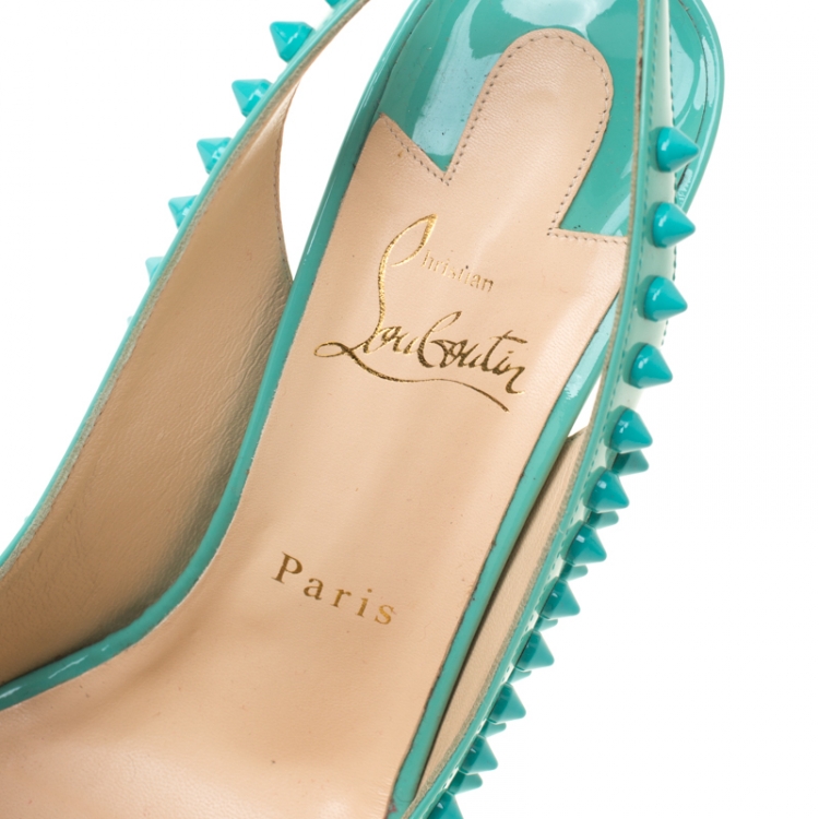 Pre Owned Christian Louboutin Turquoise Patent Leather Lady Peep Toe Spike Platform Slingback Sandals Size 39
