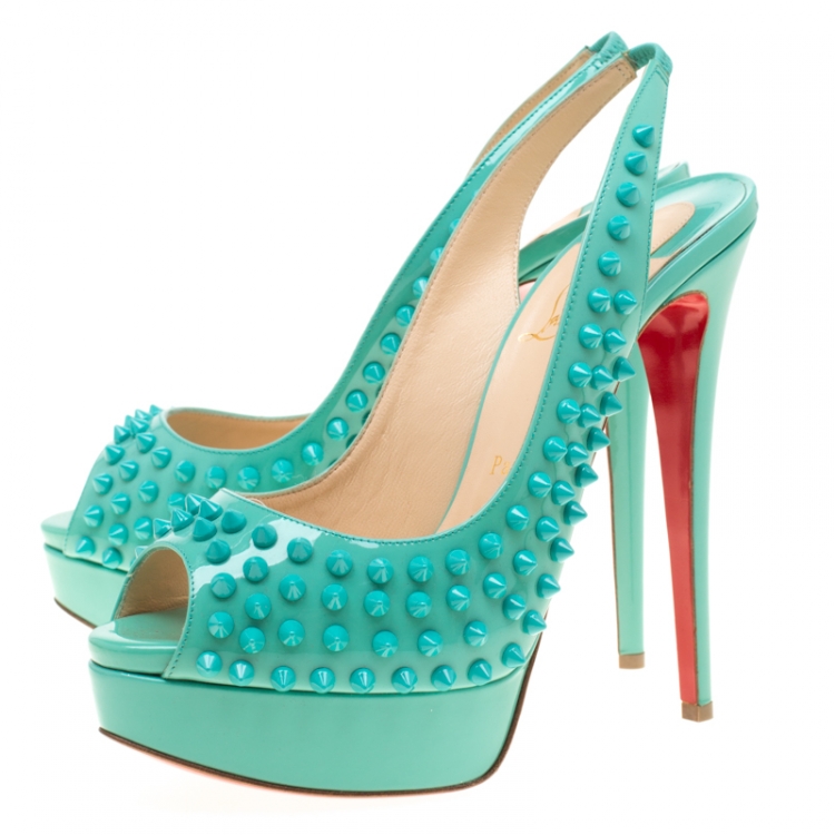 Pre Owned Christian Louboutin Turquoise Patent Leather Lady Peep Toe Spike Platform Slingback Sandals Size 39