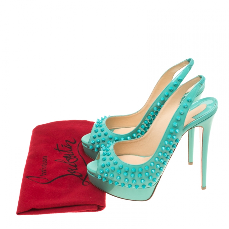 Pre Owned Christian Louboutin Turquoise Patent Leather Lady Peep Toe Spike Platform Slingback Sandals Size 39