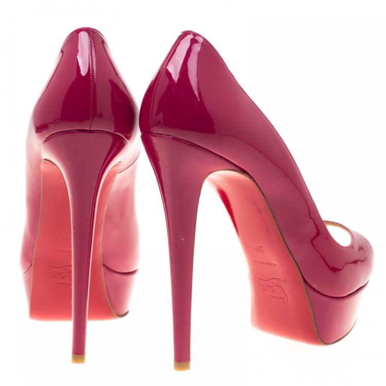 Pre Owned Christian Louboutin Fuchsia Pink Patent Leather Lady Peep Toe Platform Pumps Size 39.5