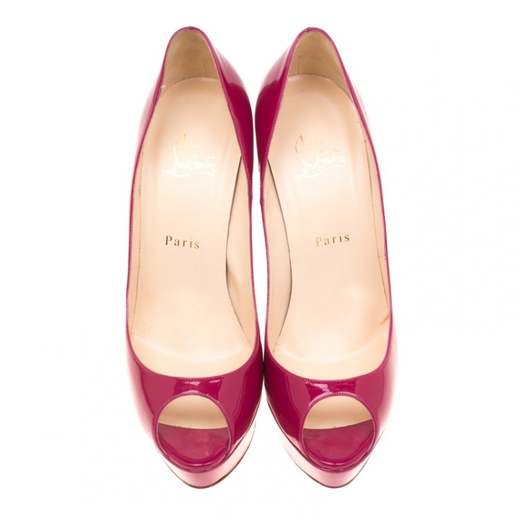 Pre Owned Christian Louboutin Fuchsia Pink Patent Leather Lady Peep Toe Platform Pumps Size 39.5
