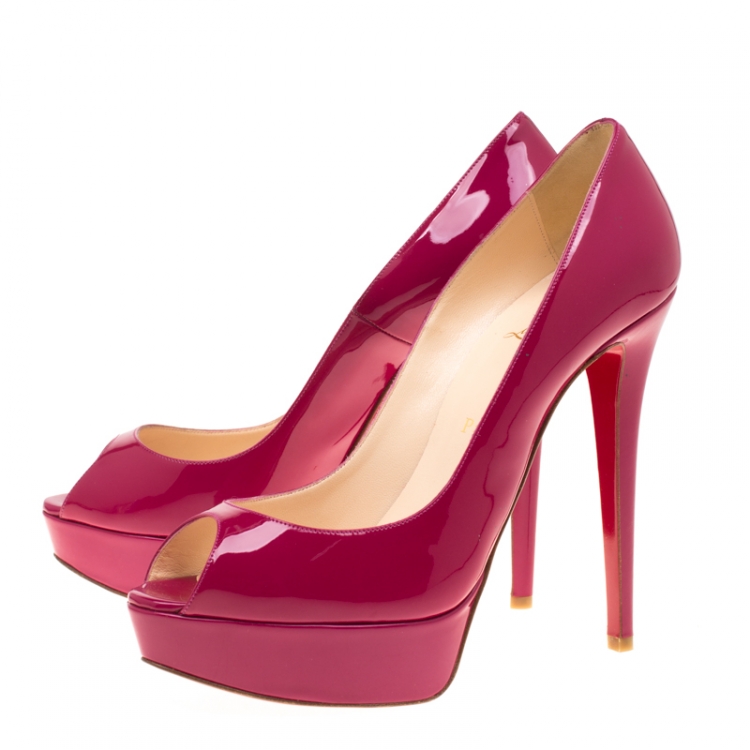 Pre Owned Christian Louboutin Fuchsia Pink Patent Leather Lady Peep Toe Platform Pumps Size 39.5
