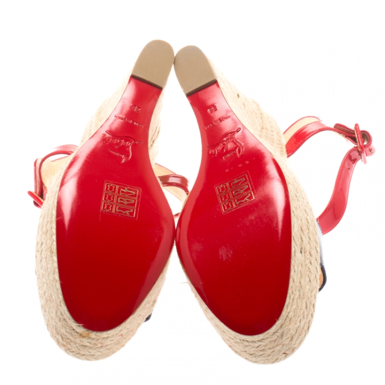 Pre Owned Christian Louboutin Tricolor Patent Leather Spachica Espadrille Wedge Sandals Size 38