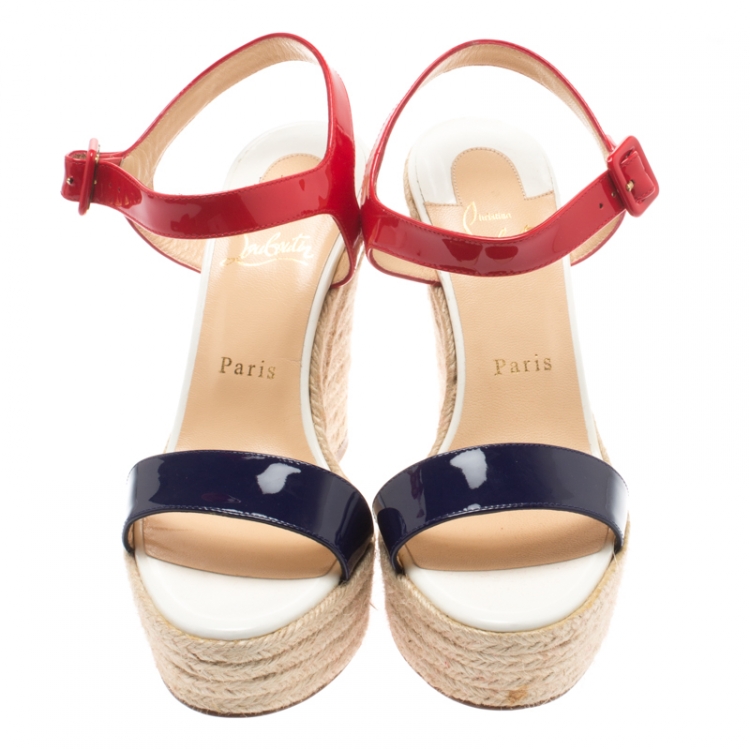 Pre Owned Christian Louboutin Tricolor Patent Leather Spachica Espadrille Wedge Sandals Size 38