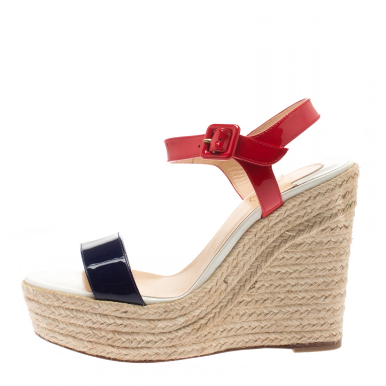 Pre Owned Christian Louboutin Tricolor Patent Leather Spachica Espadrille Wedge Sandals Size 38
