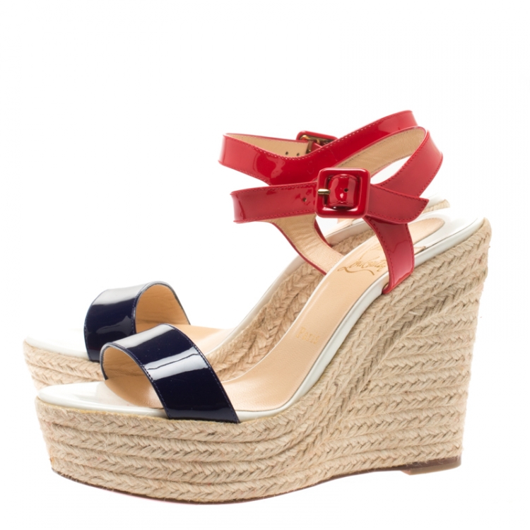 Pre Owned Christian Louboutin Tricolor Patent Leather Spachica Espadrille Wedge Sandals Size 38