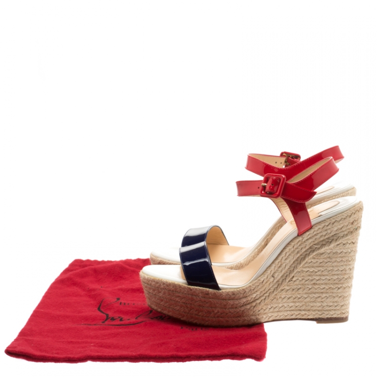 Pre Owned Christian Louboutin Tricolor Patent Leather Spachica Espadrille Wedge Sandals Size 38