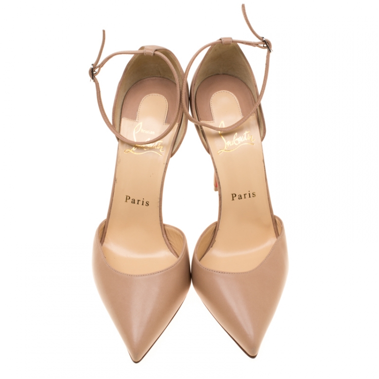 Pre Owned Christian Louboutin Beige Leather Uptown Ankle Strap Pointed Toe D'orsay Sandals Size 37.5