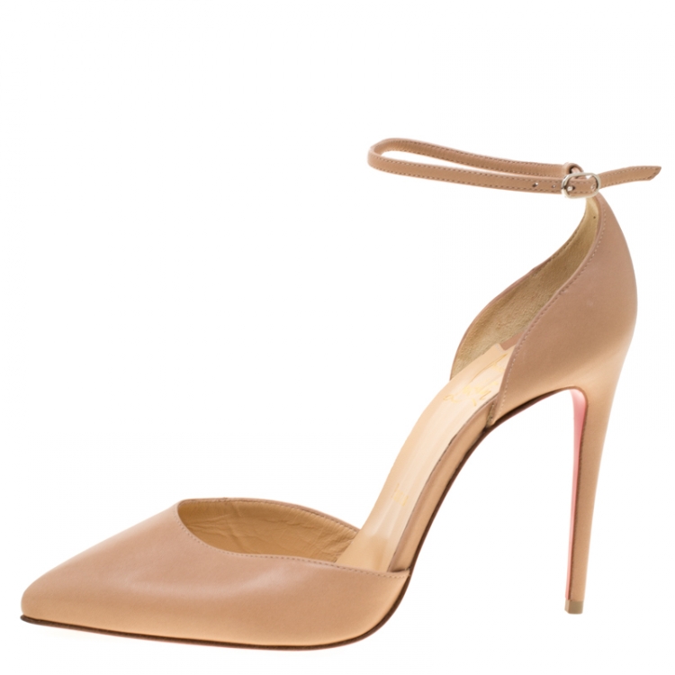 Pre Owned Christian Louboutin Beige Leather Uptown Ankle Strap Pointed Toe D'orsay Sandals Size 37.5